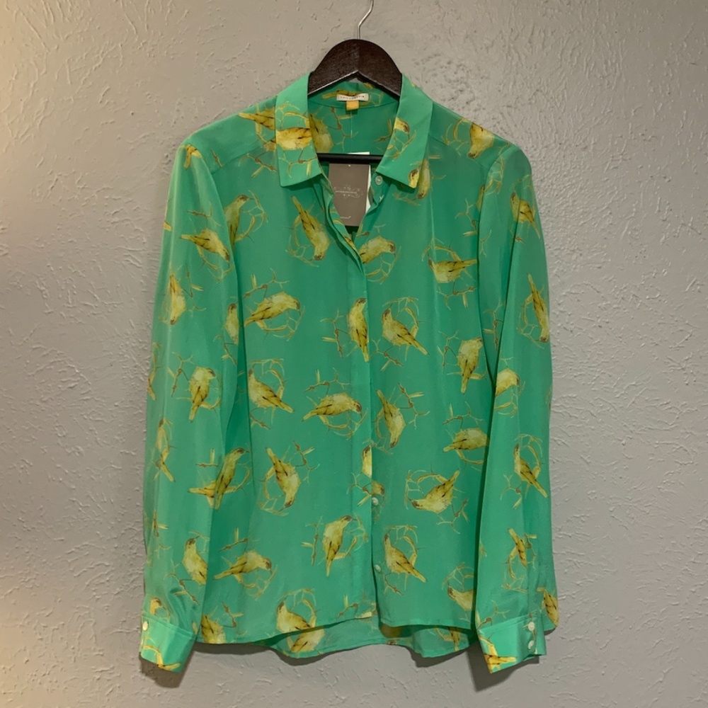 Bird Mint Green Silk Blouse Button Down